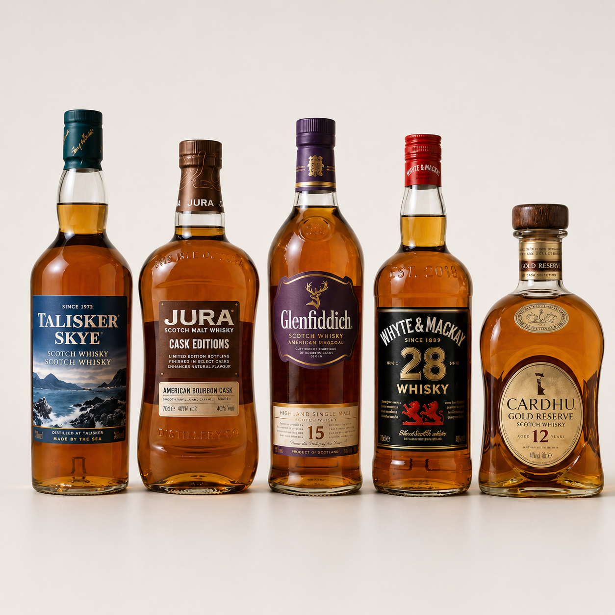 Ultimate Bundle: Glenfiddich 15, Whyte Mackay Triple Matured, Cardhu Gold Reserve, Talisker Skye, Jura Bourbon Cask